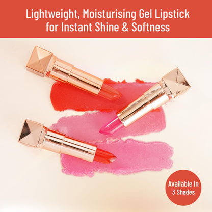 Two gel lipsticks with pink and red shades on a beige background, labeled as 'Lightweight, Moisturising Gel Lipstick for Instant Shine & Softness'.