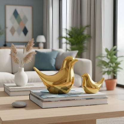 Ceramic Golden Blessing Birds Figurine for Home Decor | Living Room, Bedroom, Office Desk, Cabinets - (Pack of 2, Golden)