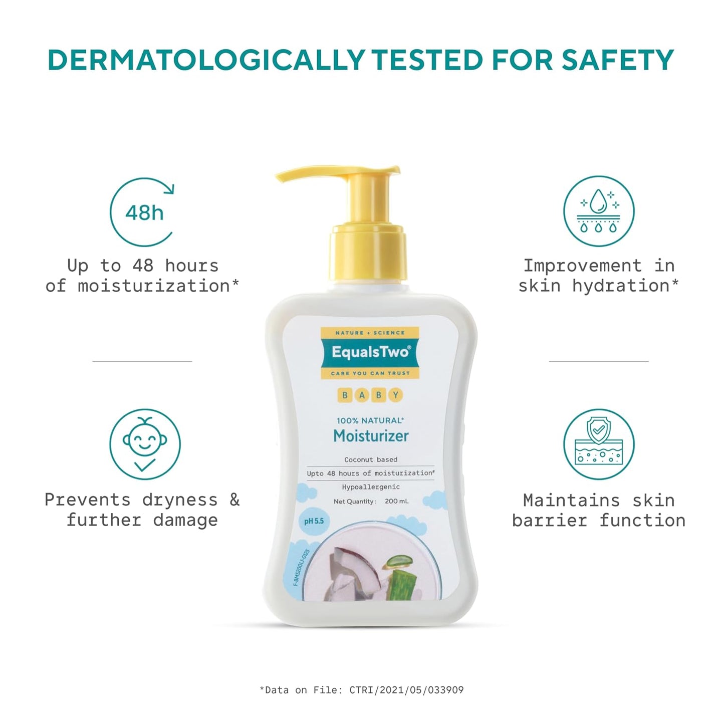 EQUALSTWO by Zydus Baby Moisturizer, 200ml, 100% Natural Coconut based Daily Baby Skin Care Body Lotion for Nourishing Skin, All Skin Types, PH 5.5, Dermatalogically Tested, No Parabens No Sulphates, (Pack 1)