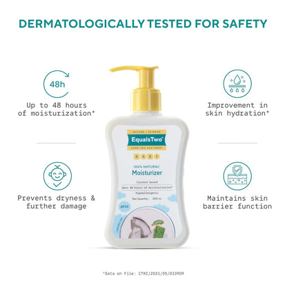 EQUALSTWO by Zydus Baby Moisturizer, 200ml, 100% Natural Coconut based Daily Baby Skin Care Body Lotion for Nourishing Skin, All Skin Types, PH 5.5, Dermatalogically Tested, No Parabens No Sulphates, (Pack 1)