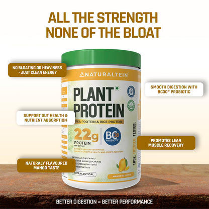 Naturaltein plant protein supplement jar with promotional text on a wooden surface