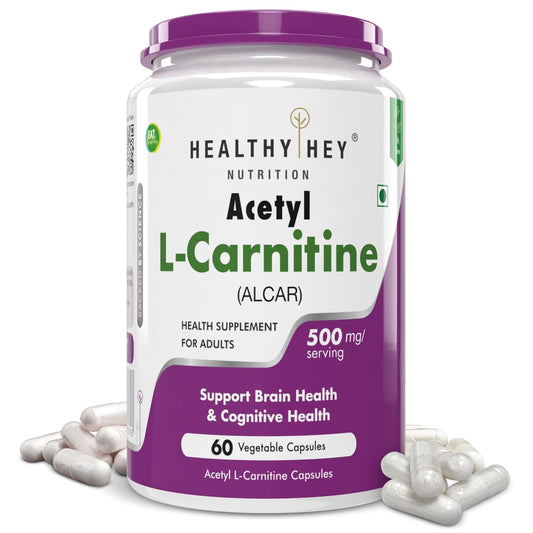 Supplement container labeled 'Healthy Hey Nutrition Acetyl L-Carnitine' on a white background