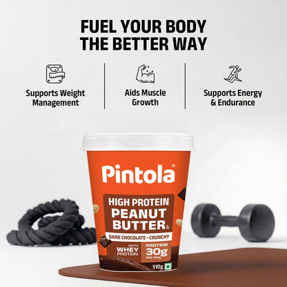 PINTOLA High Protein Peanut Butter Chocolate Flavour Crunchy, Added WHEY Protein, 30g Protein 6.2g Fiber, Gluten Free, Zero Trans Fat, Dark Chocolate Peanut Butter Spread, Nut Butter Bread Snacks
