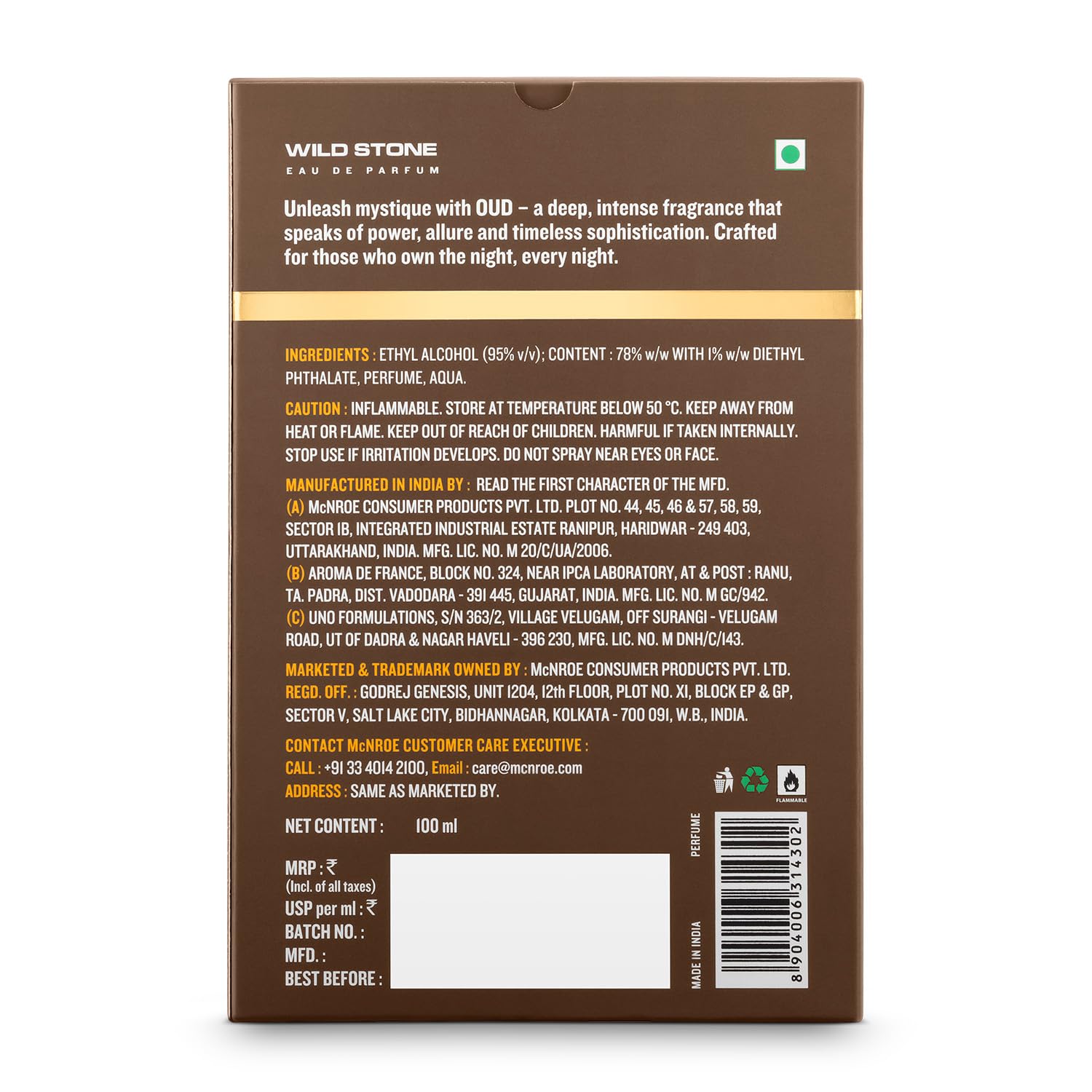 Back of a Wild Stone perfume bottle packaging with text and product details.