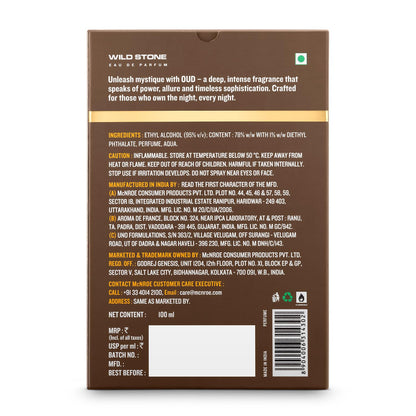 Back of a Wild Stone perfume bottle packaging with text and product details.