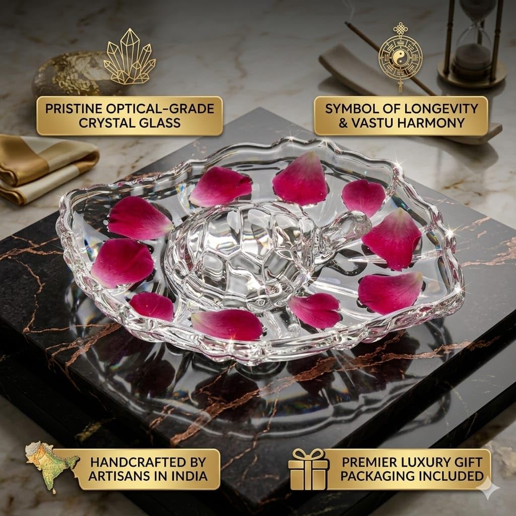 SAUDEEP INDIA Crystal Turtle with Leaf Tray for Home Decor | Vastu Feng Shui Tortoise with Plate for Good Luck | Wealth & Prosperity Table Accent | Gift for Home & Office-16x11x3 cm
