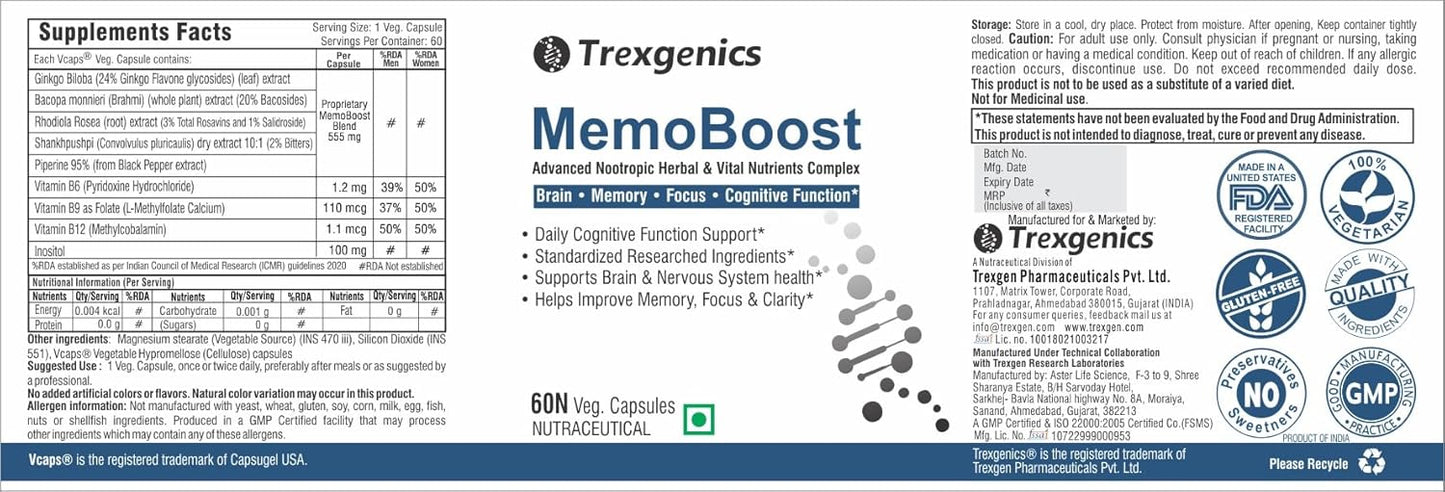 Trexenetics MemoBoost supplement packaging with branding and product details.