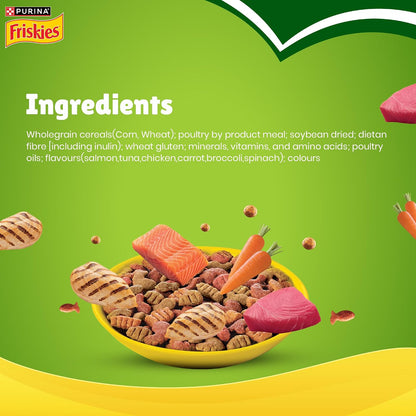 Purina Friskies Indoor Delights, Dry Food for Adult Cats, 1kg Pack | With Salmon, Tuna, Chicken & Vegetables Flavours, Hairball Control, Complete Nutrition, Omega 3 & 6