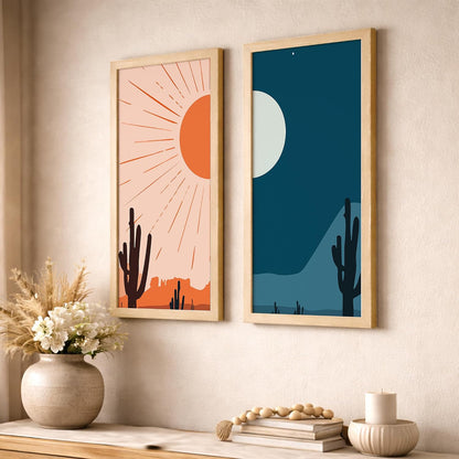 Minimalist Desert Wall Art Set of 2, Sun & Moon Cactus Landscape Prints with Wooden Frames, Boho Neutral Scandinavian Decor for Living Room, Bedroom & Office (10x19 Inch, Art-11)