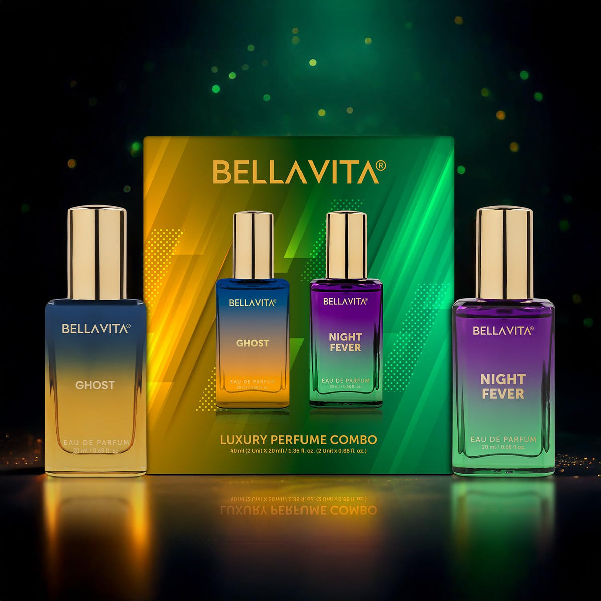 BELLAVITA luxury perfume combo with four bottles in front of a green box on a dark background