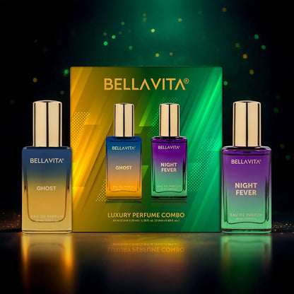 BELLAVITA luxury perfume combo with four bottles in front of a green box on a dark background