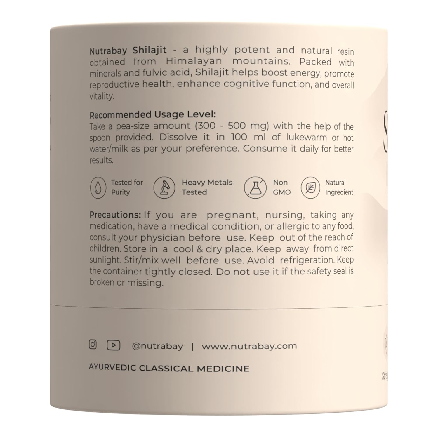 Back label of a Nutrabay Shilajit container with usage instructions and product details.