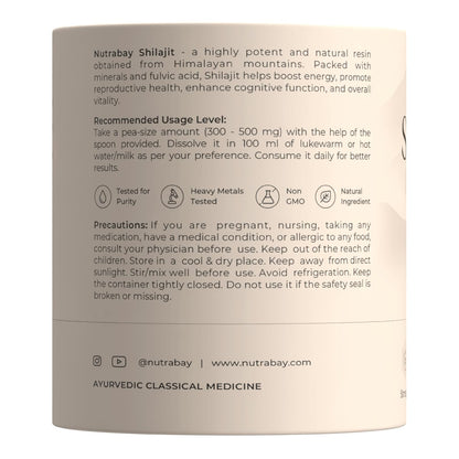 Back label of a Nutrabay Shilajit container with usage instructions and product details.