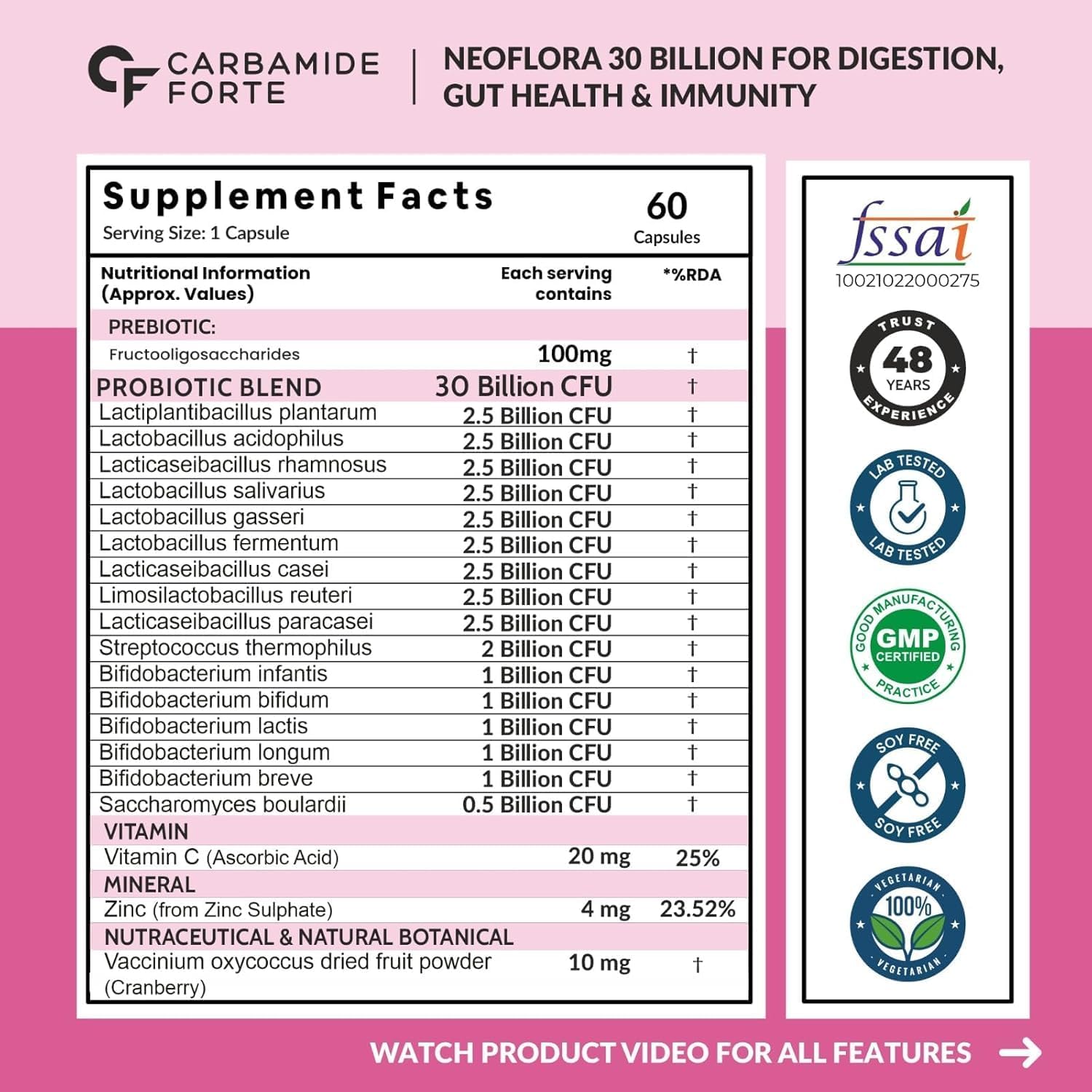 Supplement facts label for Carbamide Forte Neoflora 30 Billion with FSSAI certification on a pink background.