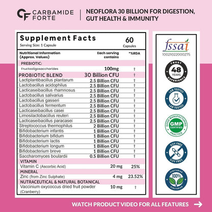 Supplement facts label for Carbamide Forte Neoflora 30 Billion with FSSAI certification on a pink background.