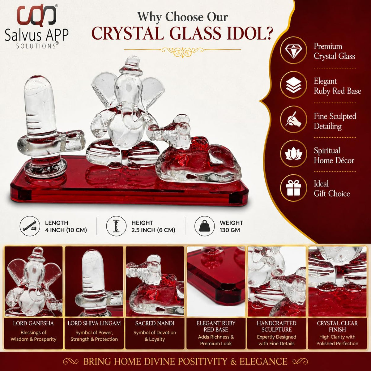 Crystal Glass Shiva Ganesha Nandi Statue, Decorative Religious Showpiece for Home, Temple & Office, Red Hindu God Idol for Pooja Room & Spiritual Decor, 4 x 2.5 Inch