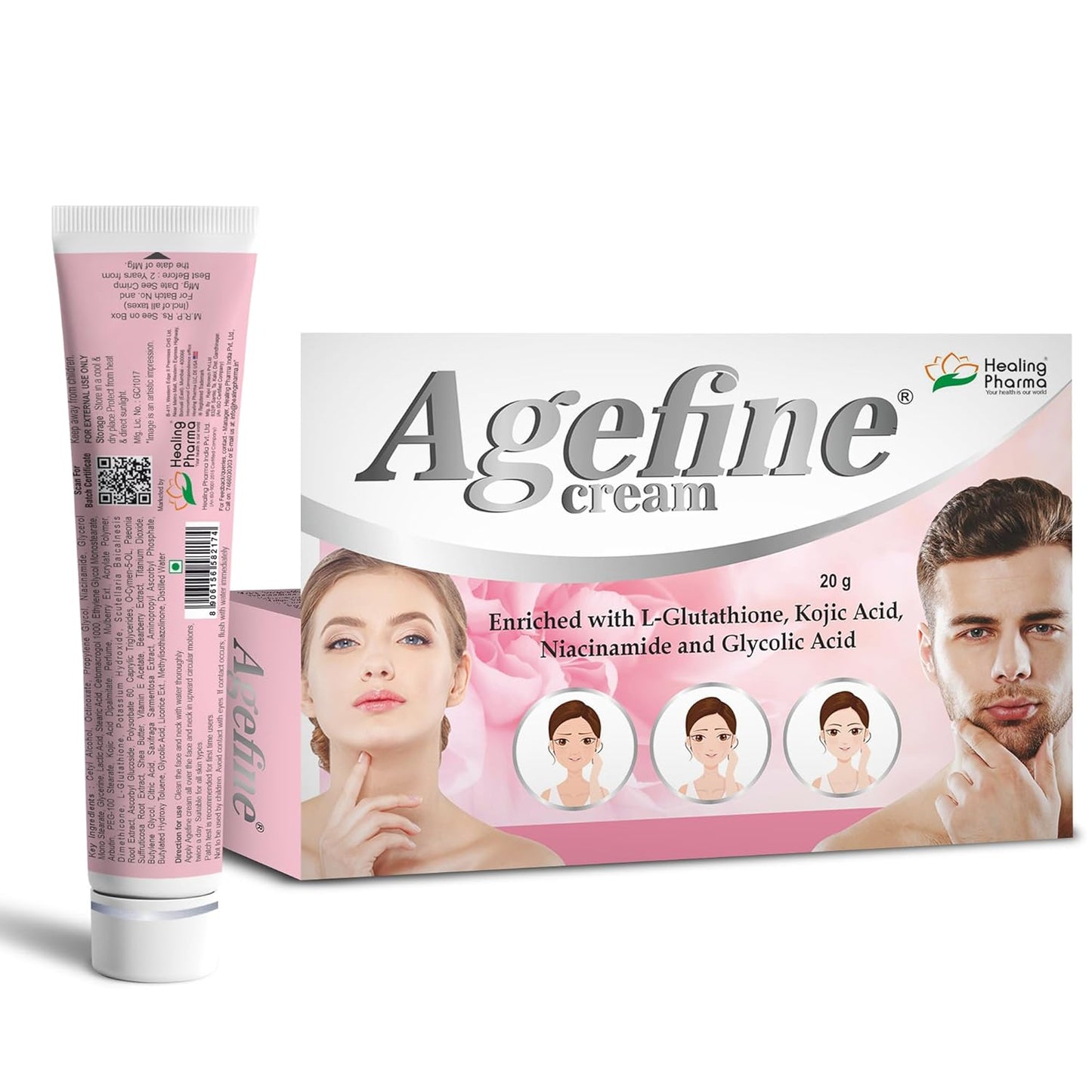 Healing Pharma - Agefine L- glutathione/Glycolic Acid & kojic Acid Cream for Face/Skin Whitening/Pigmentation/Darks Spot/Dark Circle & Acne Spots | Anti Aging Cream for Women & Men Daily Use - 20g