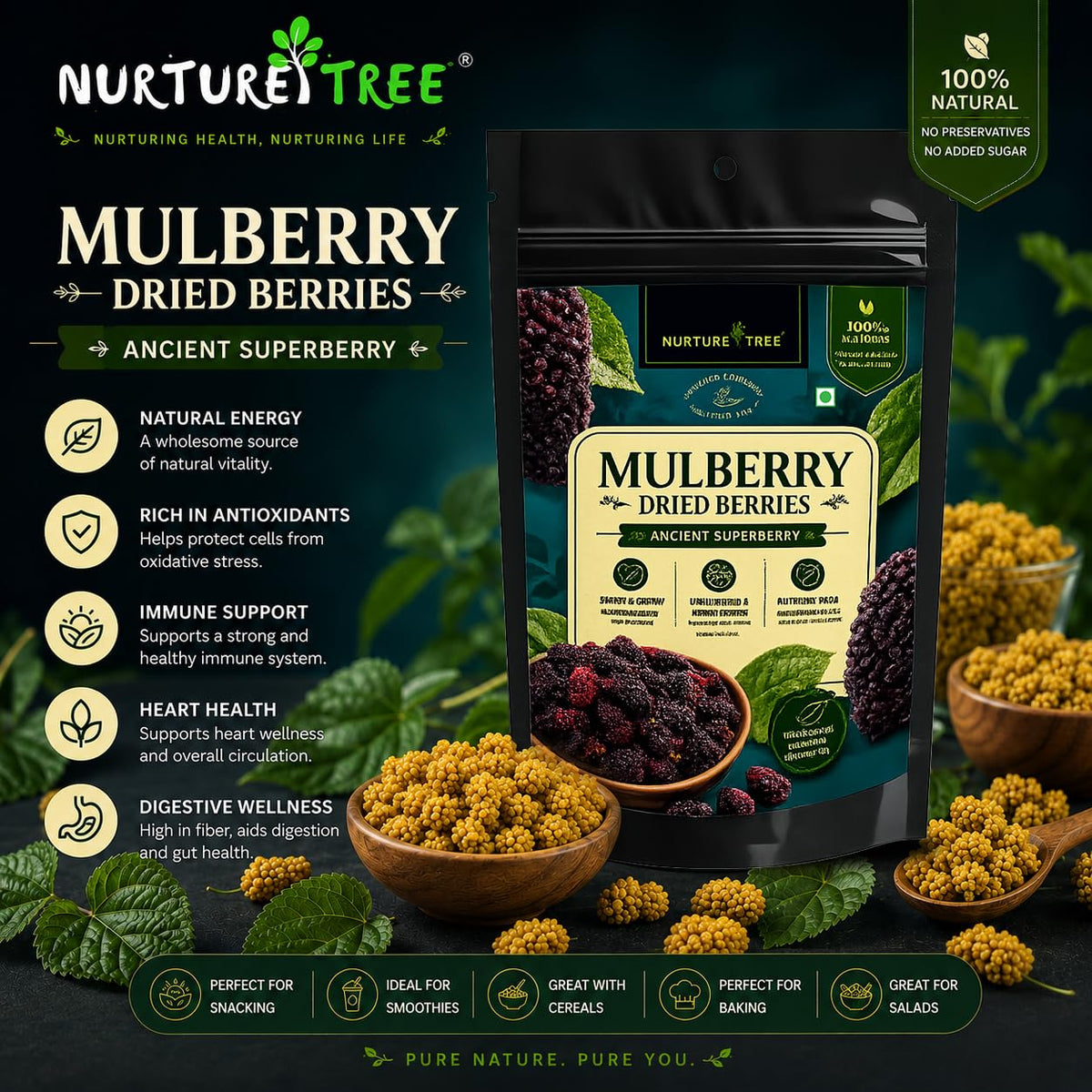 Nurture Tree Dried Mulberries | 100% Natural & Unsulfured Mulberry Berries | No Added Sugar | Nutrient-Rich Ancient Superberry | Healthy Snacks