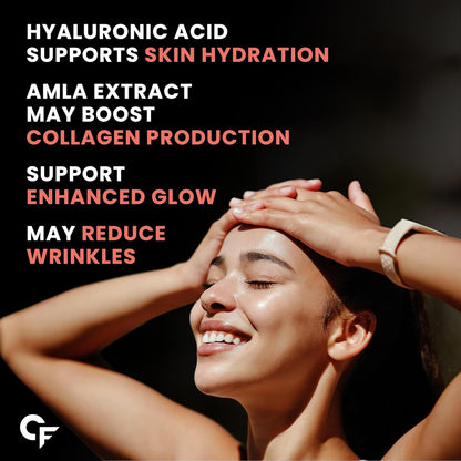 Woman with hands on head against a dark background with text about skincare benefits.