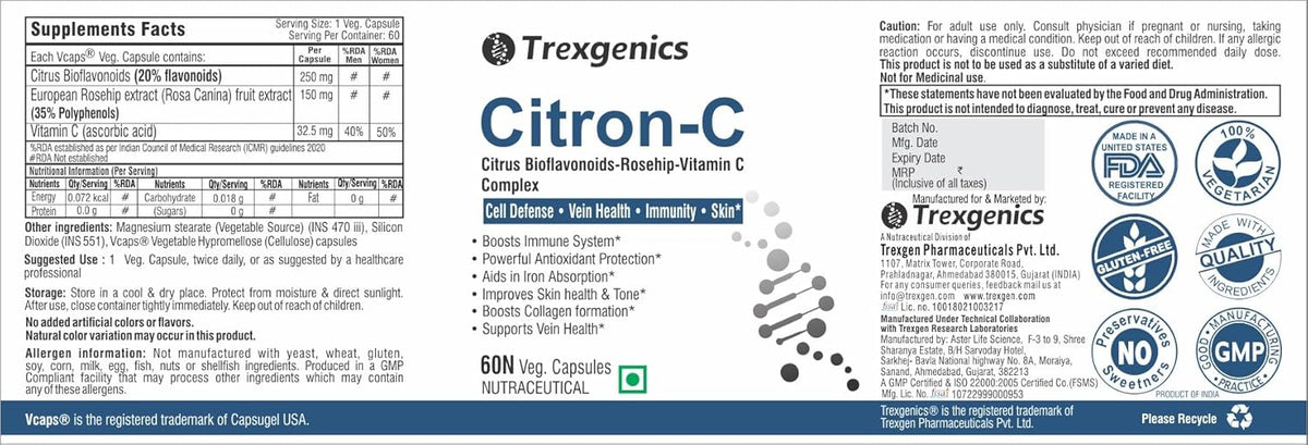 Trexegenics Citron-C supplement label with branding and certification logos.