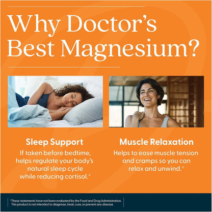 Advertisement for 'Doctor's Best Magnesium' with images of a woman sleeping and another woman smiling, highlighting sleep support and muscle relaxation benefits.