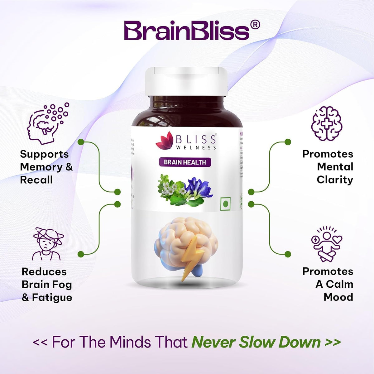 Bliss Welness Brain Booster | Memory, Focus & Concentration Support | Nootropic Supplement for Anxiety Relief & Calmness, Mood Support | Brahmi, Shankpushpi, Ginkgo Biloba & Piperine (1 Month Pack (60 Tablets))