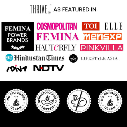 Logos of various media outlets and product certification badges on a white background