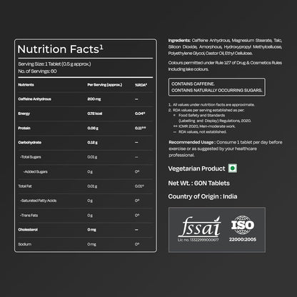 Nutrition facts label and ingredient list on a black background