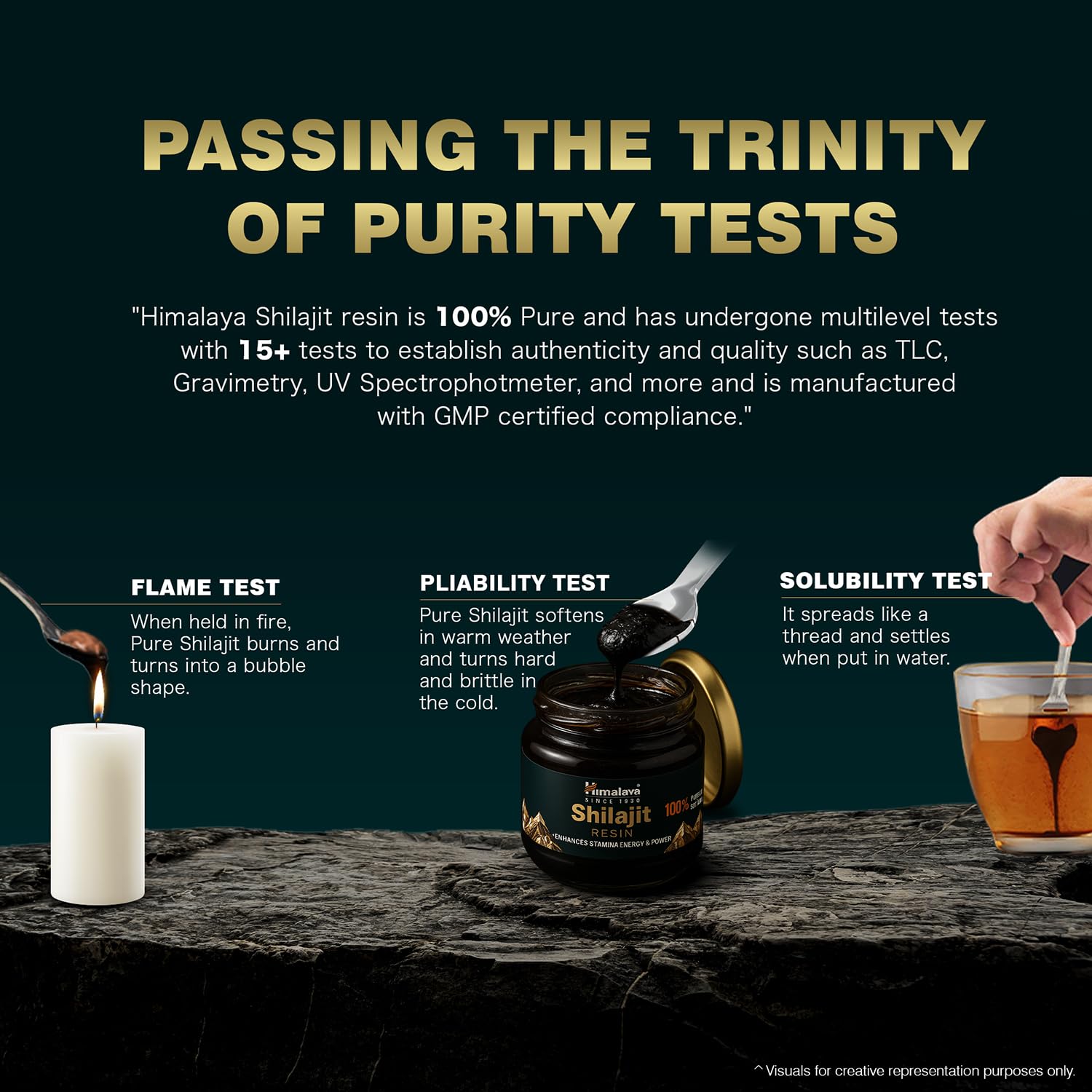 Himalaya Shilajit resin with tests for purity on a dark background