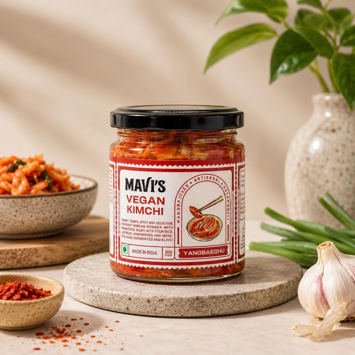 MAVI's Vegan Kimchi | Korean Cabbage Kimchi | Artisanal Probiotic Pickle | 100% Natural, Organic & Vegan | No Preservatives, No Artificial Flavour or Colour | Pack of 1 (200g)