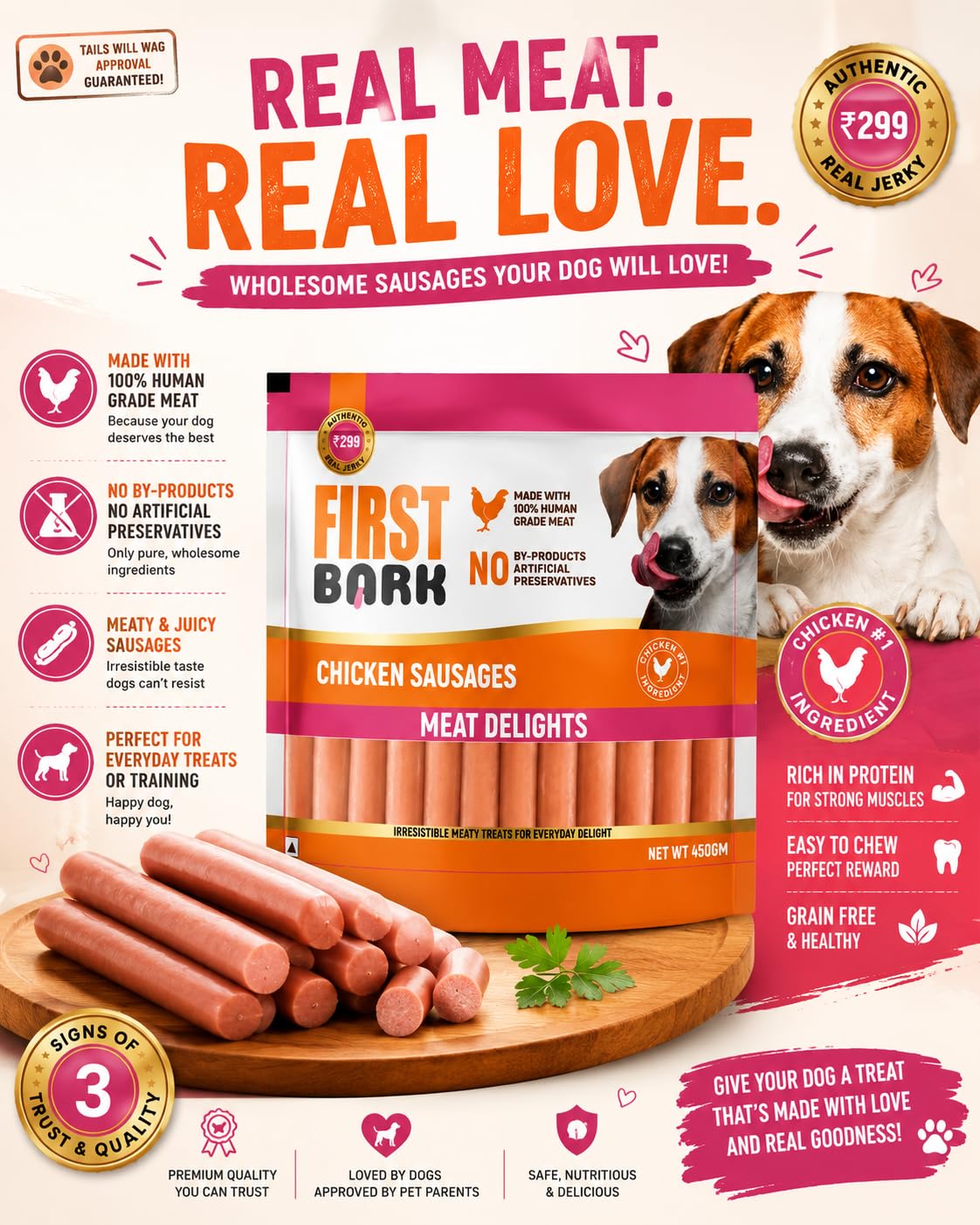 First Bark Chicken Sausages for Dogs 450g (Pack of 1), High Protein Made with 100% Human Grade Chicken Meat Dog Treats, Soft & Tasty Training Snacks for All Dog Breeds Newly Launched By DogsNCats