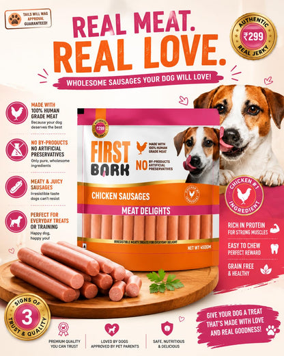 First Bark Chicken Sausages for Dogs 450g (Pack of 1), High Protein Made with 100% Human Grade Chicken Meat Dog Treats, Soft & Tasty Training Snacks for All Dog Breeds Newly Launched By DogsNCats