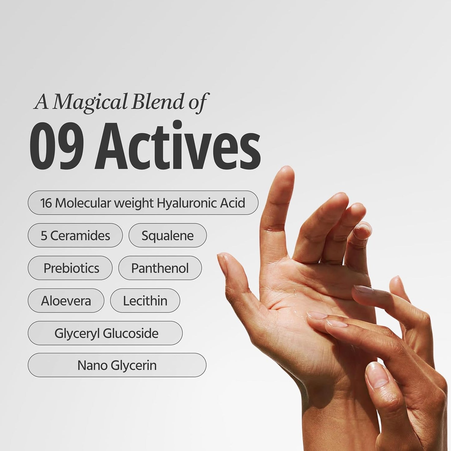Hands applying cream with a list of '9 Actives' on a light background