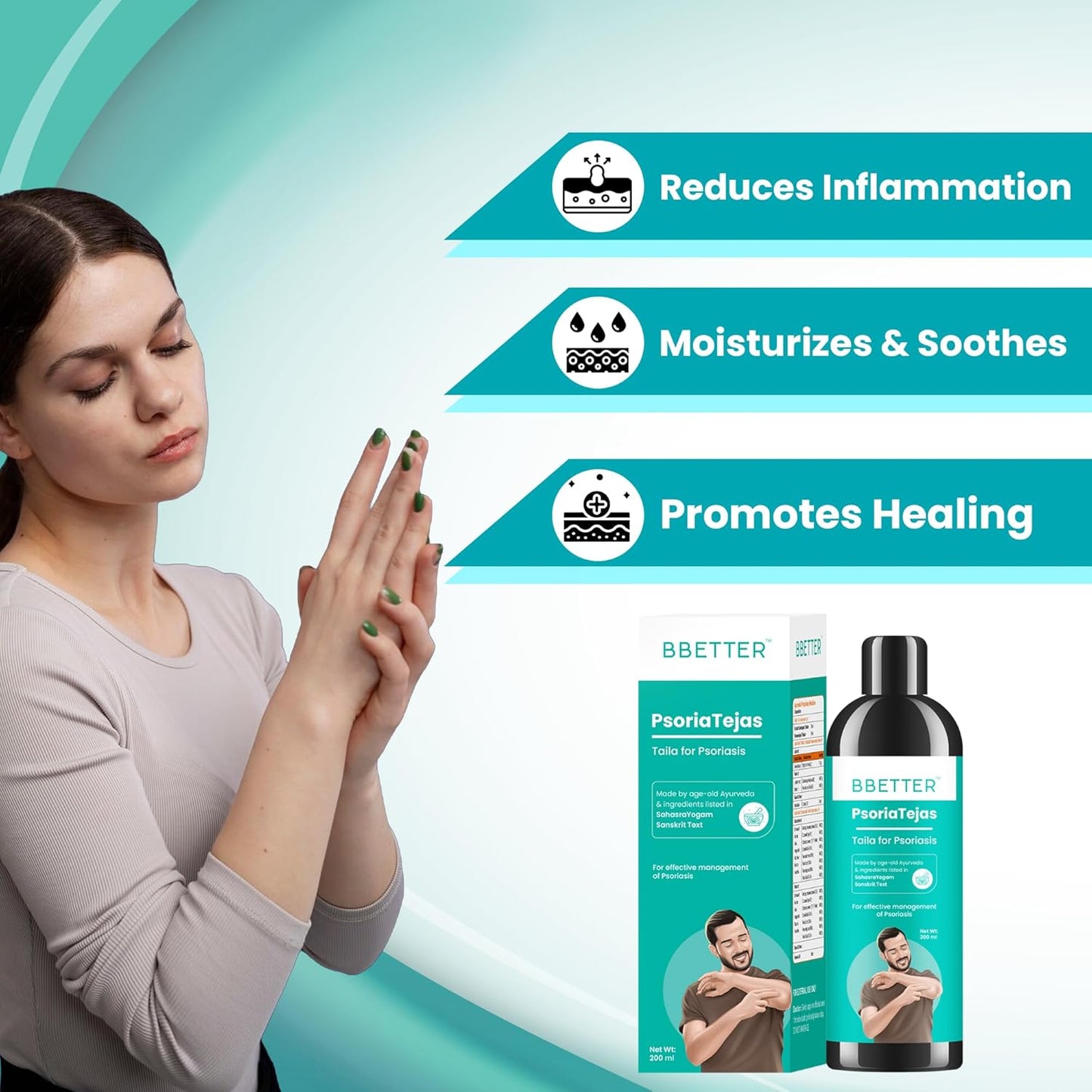 BBETTER Psoria Tejas - Oil for Skin Health Management | Steroid-Free Formula for Dry Itchy and Flaky Skin Helps Soothe Irritation Redness & Promote Hydration | Made by age old Ayurveda