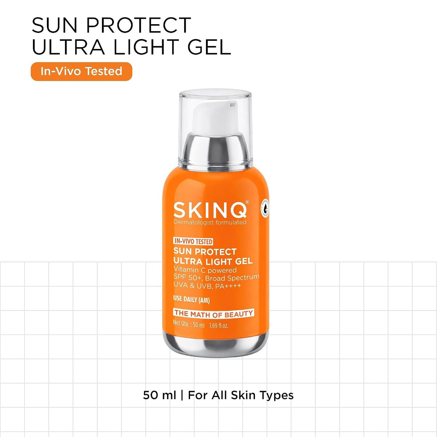 SKINQ Sun Protect Ultra Light Gel Sunscreen SPF 50+ PA++++ with Vitamin C | In-Vivo Tested | Zero White Cast | Lightweight, Non-Greasy | For Dry & Sensitive Skin | Dermat Formulated | 50ml