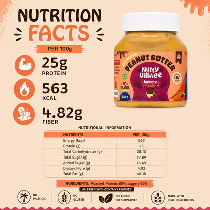Nutty Village Jaggery Peanut Butter Crunchy with 25g Protein - Healthy Snack for Breakfast spread - No Palm Oil - Vegan and Gluten free - No Cholestrol - 325g Peanut Butter