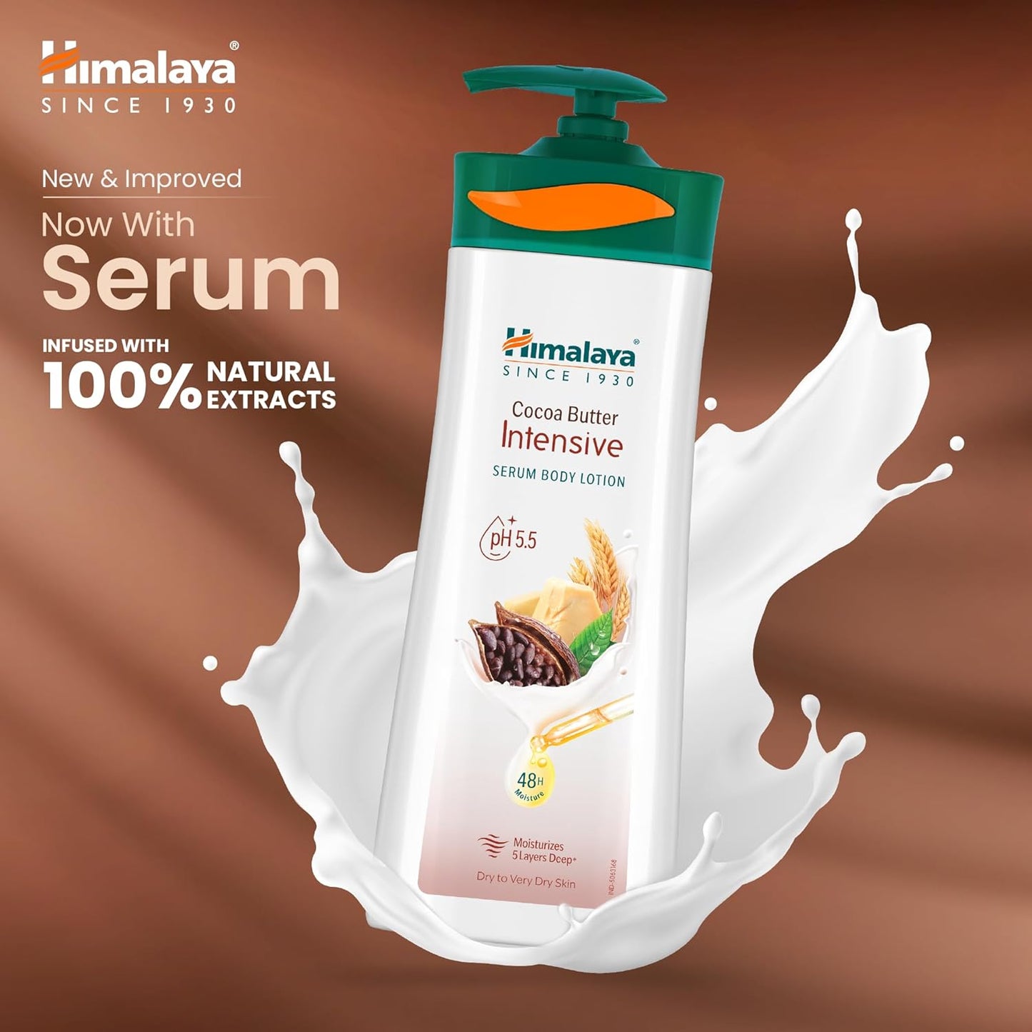 Himalaya Cocoa Butter Intensive Serum Body Lotion on a brown background with product details.