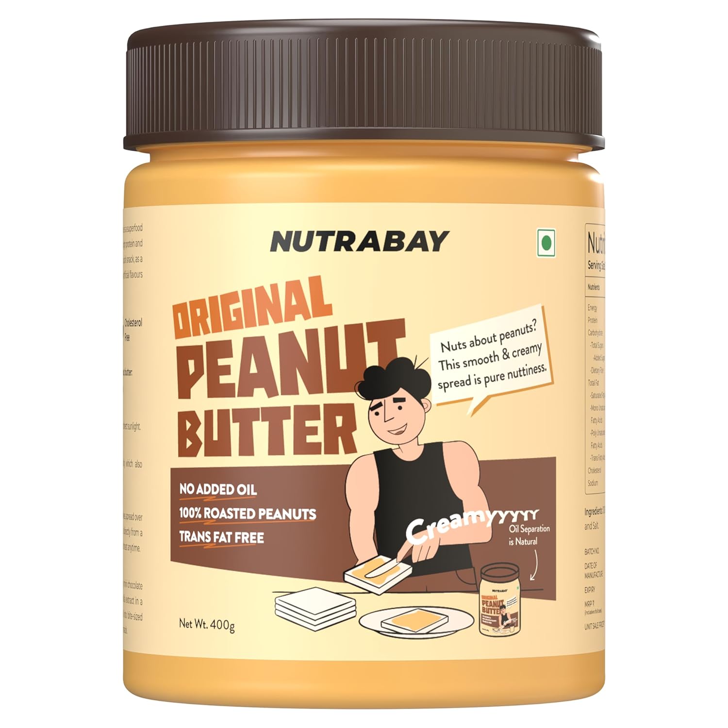 Jar of Nutrabay Original Peanut Butter with a cartoon illustration on a white background