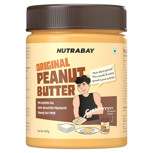 Jar of Nutrabay Original Peanut Butter with a cartoon illustration on a white background