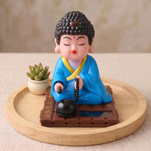 Cute Solar Feng Shui Laughing Buddha Idol for Car Dashboard & Home Dcor, Good Luck Gift, Brown Blue Multicolor, Size L