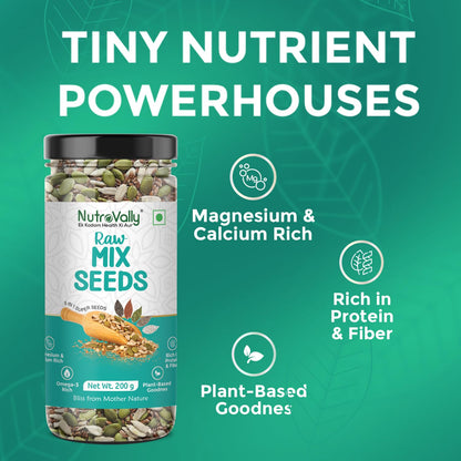 NutroVally Mix Seeds (200g) 5-in-1 Seeds Combo of Flax, Chia, Pumpkin, Watermelon & Sunflower Seeds | Superfood for Weight Management | Plant-Based Healthy Diet Snacks - Jar (200g)