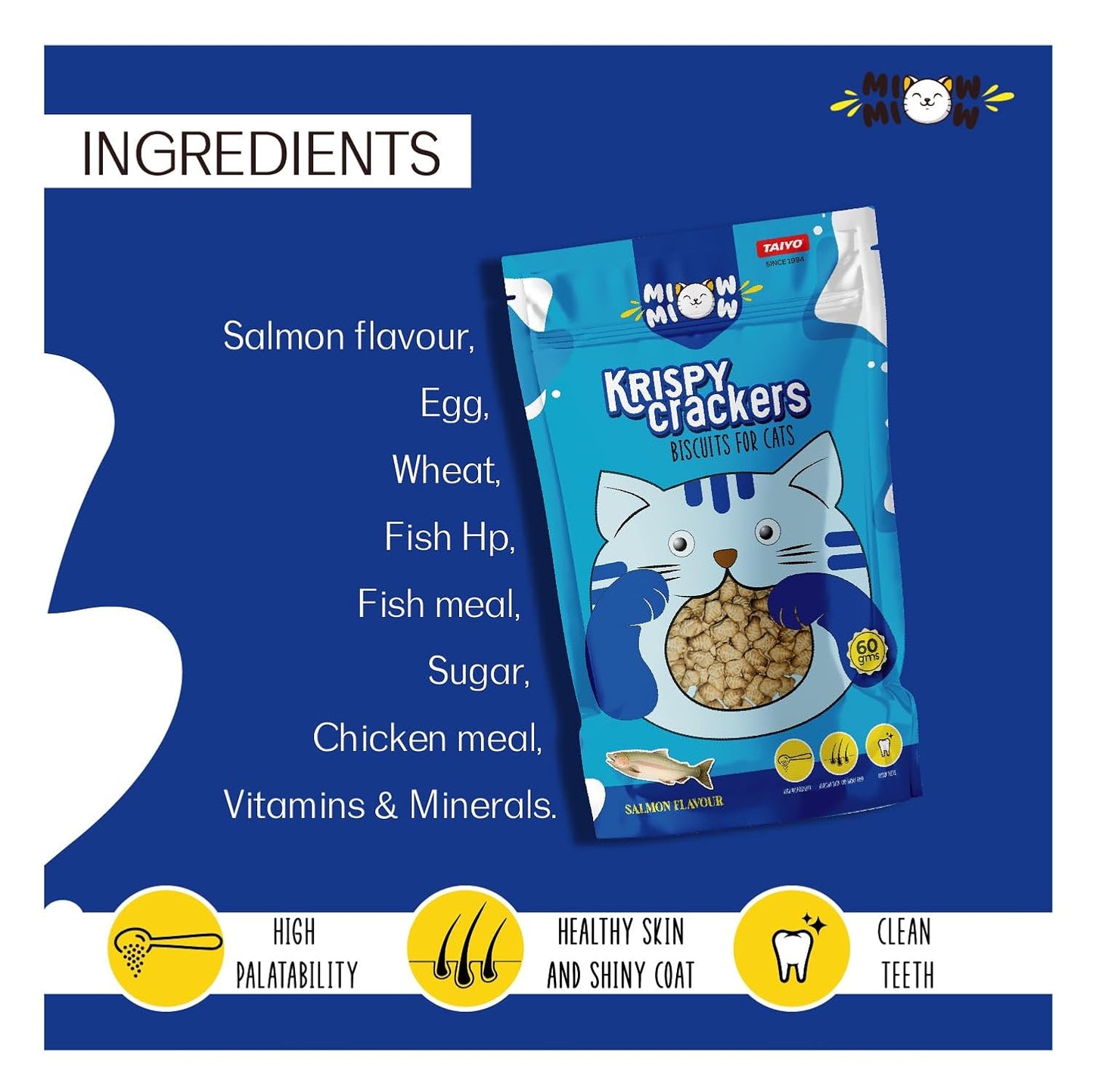 Taiyo Miow Miow Krispy Crackers Crunchy Cat Treats, 60g – Salmon Flavour | High-Protein Biscuits with Fiber, Vitamins & Minerals | Healthy Cat Snack for All Life Stages