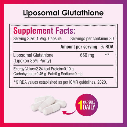 Biotrex Nutraceuticals Liposomal Glutathione 85% Lipoboost High Purity Form, Supports Healthy Skin Health - 30 Veg Capsules