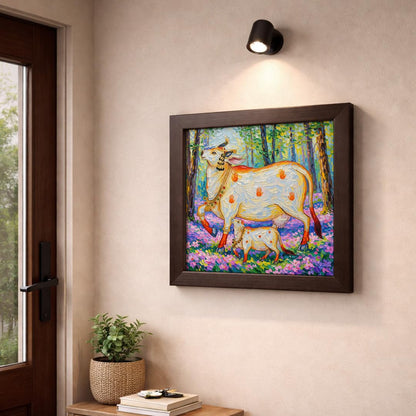 Kamdhenu Divine Vastu Sacred Cow Calf Hindu Spiritual Religious Pooja Mandir Traditional Indian Floral Theme Framed Poster Artwork Decor Painting