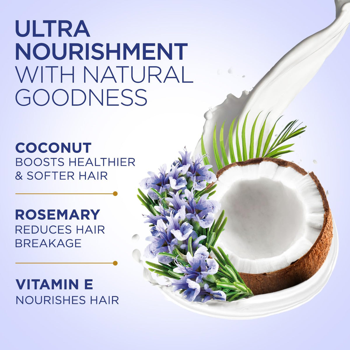 Coconut and rosemary with text on ultra nourishment and natural goodness on a light purple background
