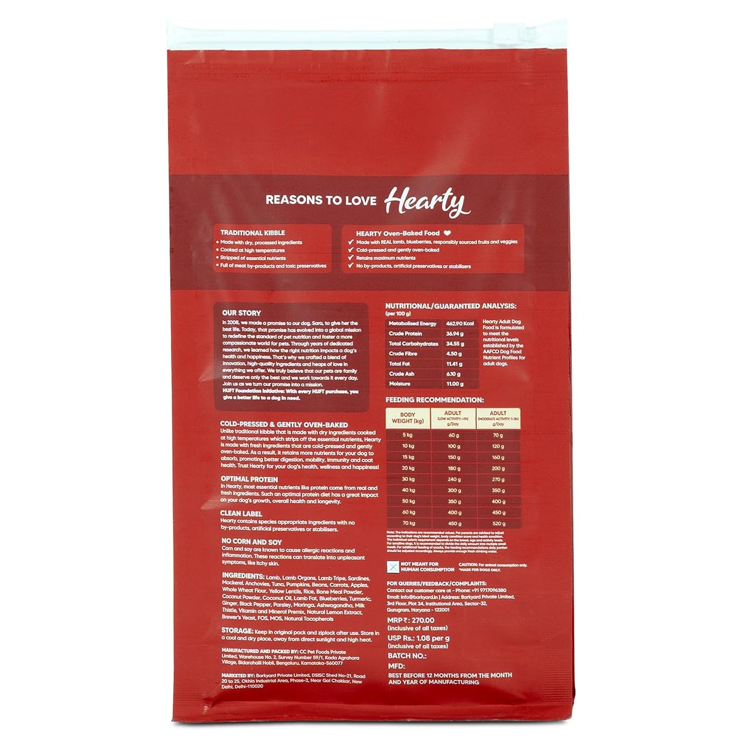 Hearty by HUFT Lamb & Blueberry Dry Dog Food – 250 gm | Adult Dog Food with Superfoods | Oven-Baked Kibble | Complete & Balanced Pet Nutrition | No Artificial Flavours or Fillers