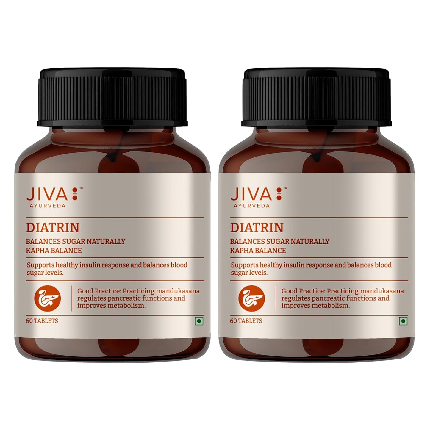 Jiva Diatrin Tablets 500mg | 100% Ayurvedic Formulation | Manages Blood Sugar Levels, Improves Metabolism & Strengthens the Pancreas | Balances Tri-Dosha- 60 Tablets (Pack of 2)