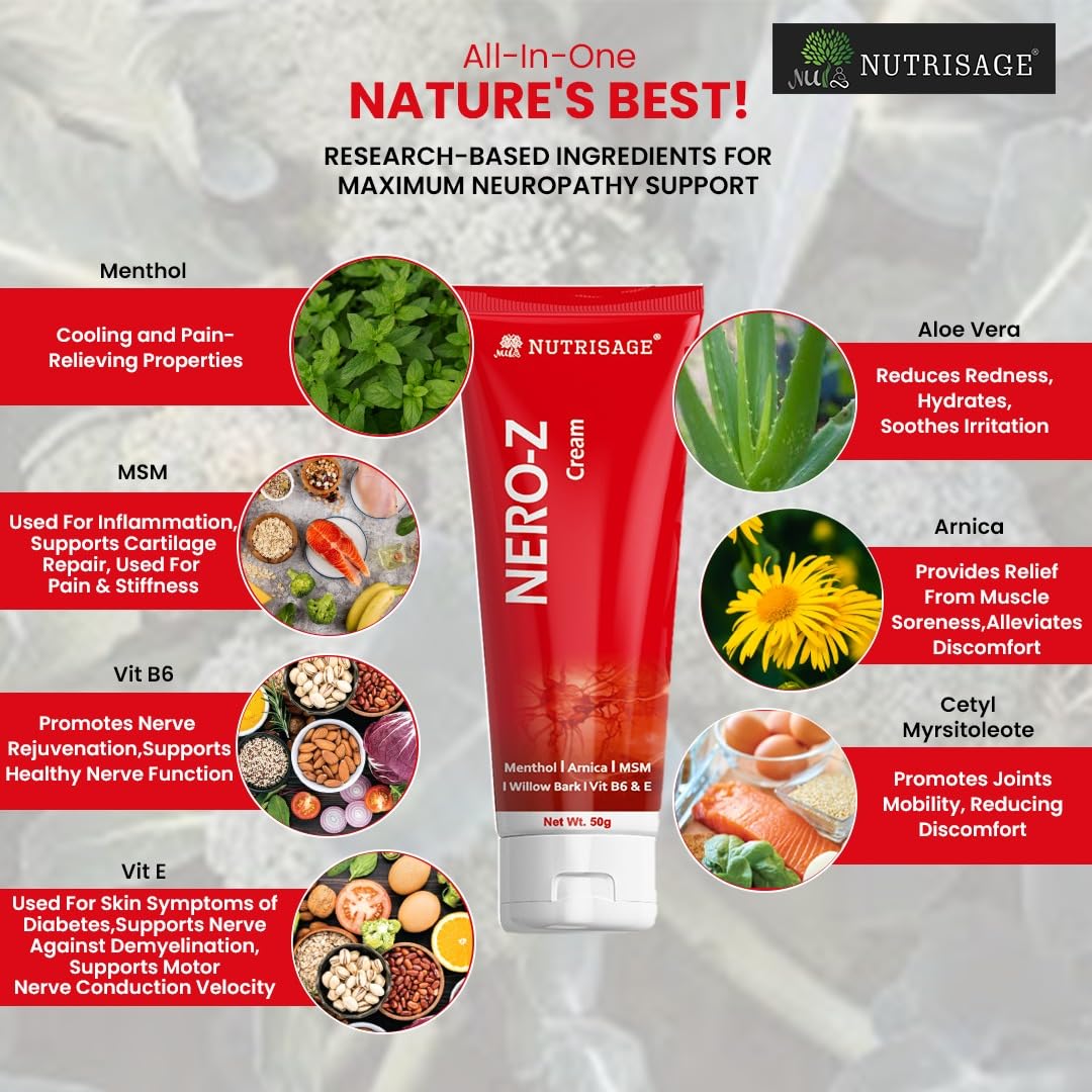 Nero-Z Neuropathy Nerve Relief Cream - Fast Acting Max Relief for Feet, Hands,Legs,Toes,Back-Ultra Strength Menthol,Arnica, Aloe Vera,MSM,Soothing Natural Nerve Comfort, Paraben-Free 50 g