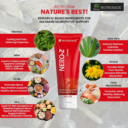 Nero-Z Neuropathy Nerve Relief Cream - Fast Acting Max Relief for Feet, Hands,Legs,Toes,Back-Ultra Strength Menthol,Arnica, Aloe Vera,MSM,Soothing Natural Nerve Comfort, Paraben-Free 50 g