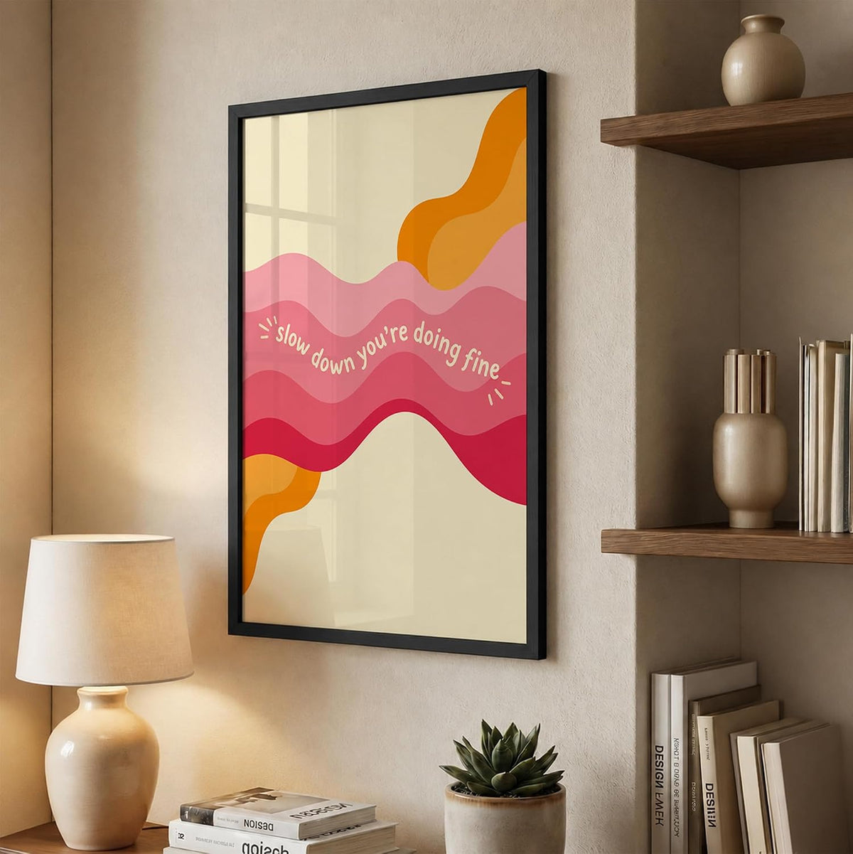 Motivational Wall Art Framed Painting, Slow Down You’re Doing Fine Quote Wall Decor, Modern Abstract Aesthetic Room Decor for Bedroom Living Room Office (DGN06-Black10x13 inch)